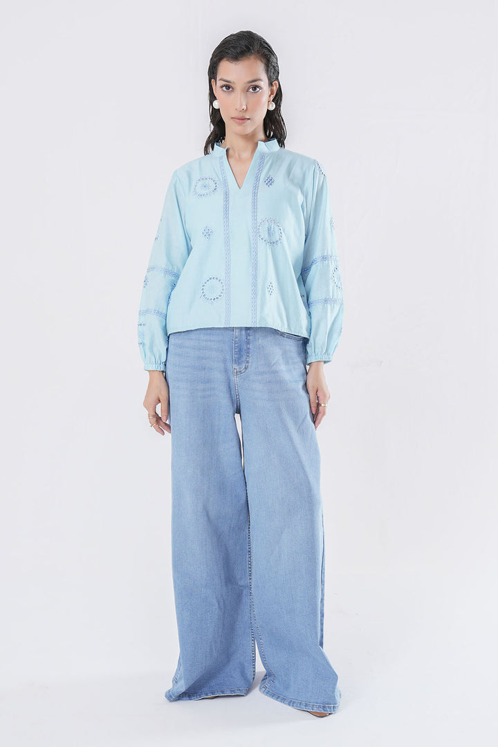 ICE BLUE CUTWORK EMBROIDERED SHIRT