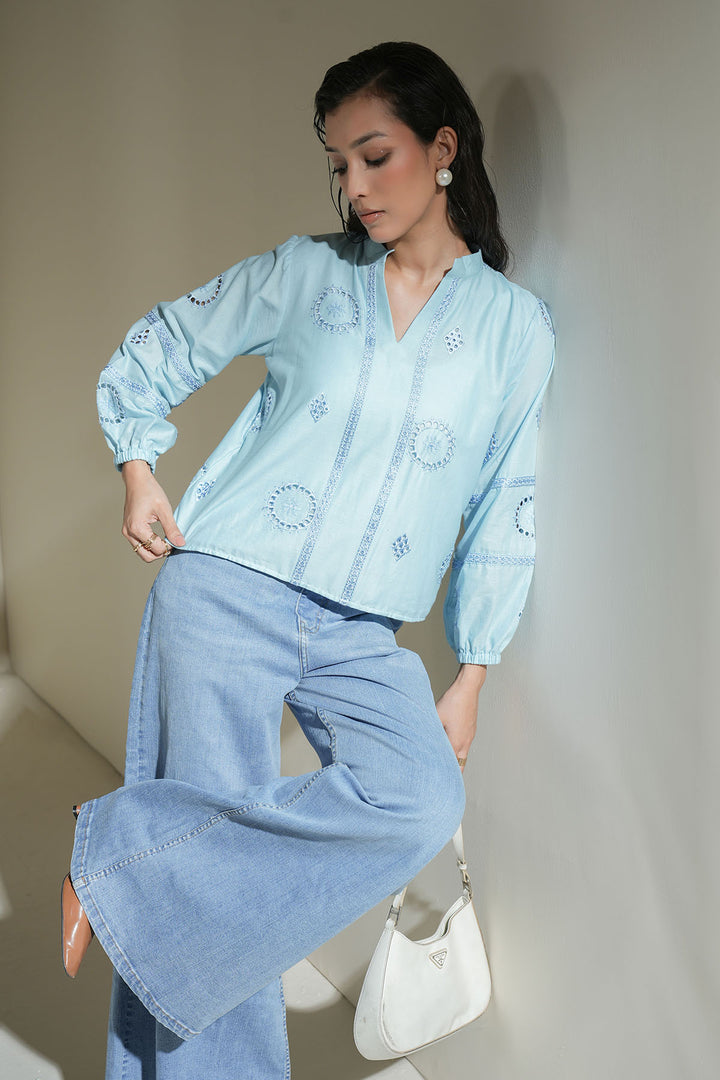 ICE BLUE CUTWORK EMBROIDERED SHIRT