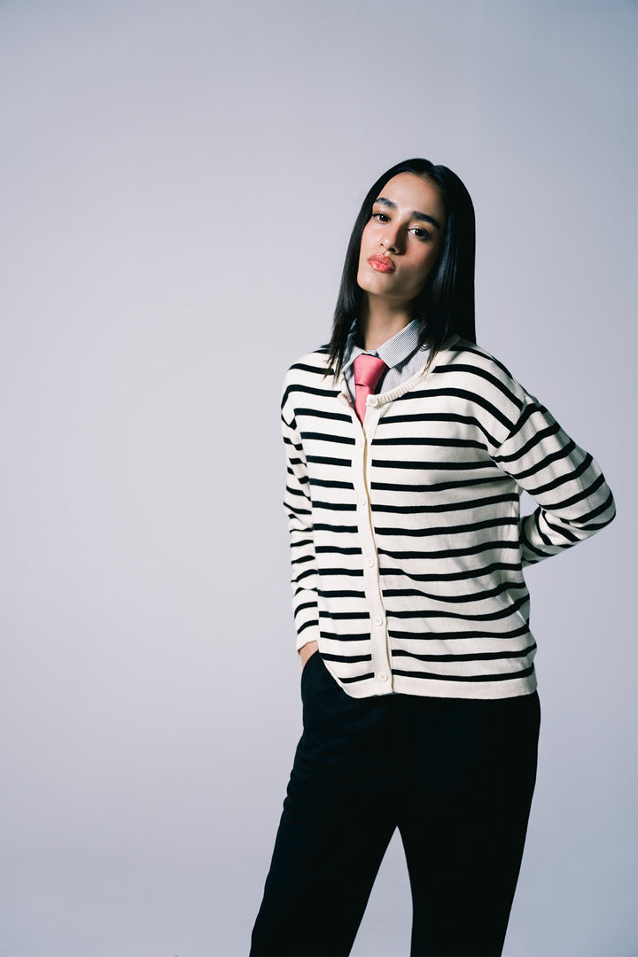 Striped Cardigan | Cream & Black combo