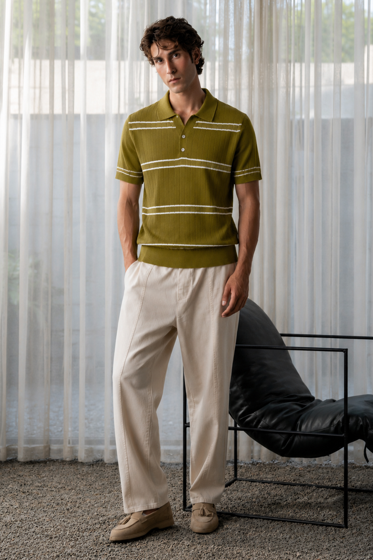 Striped Button Down Men Polo Shirt