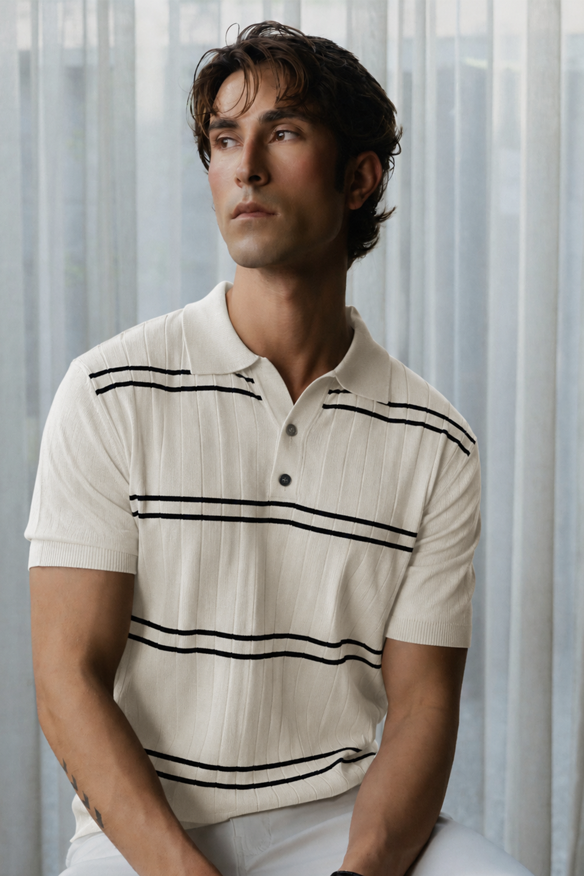 Striped Button Down Men Polo Shirt