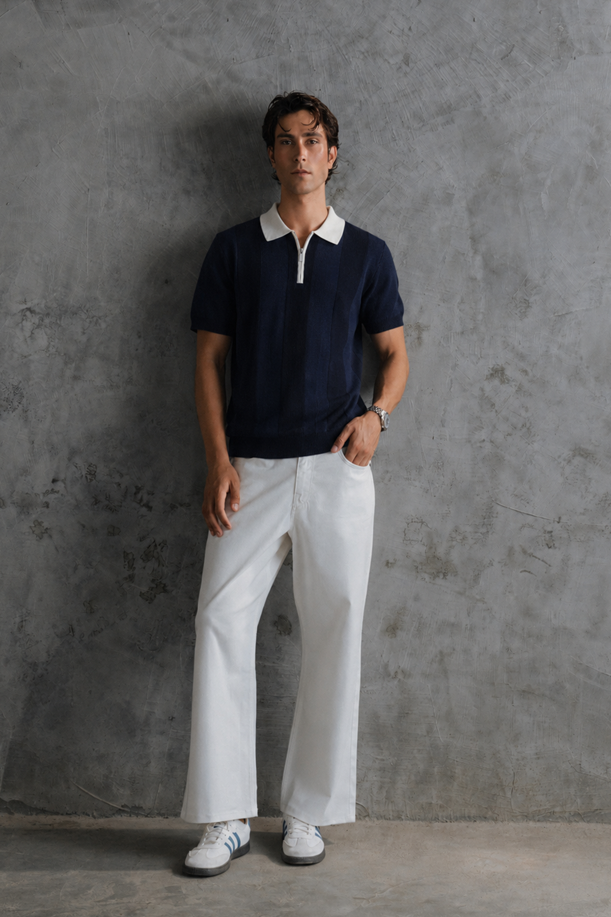 Contrast Zipper Knitted Men Polo Shirt