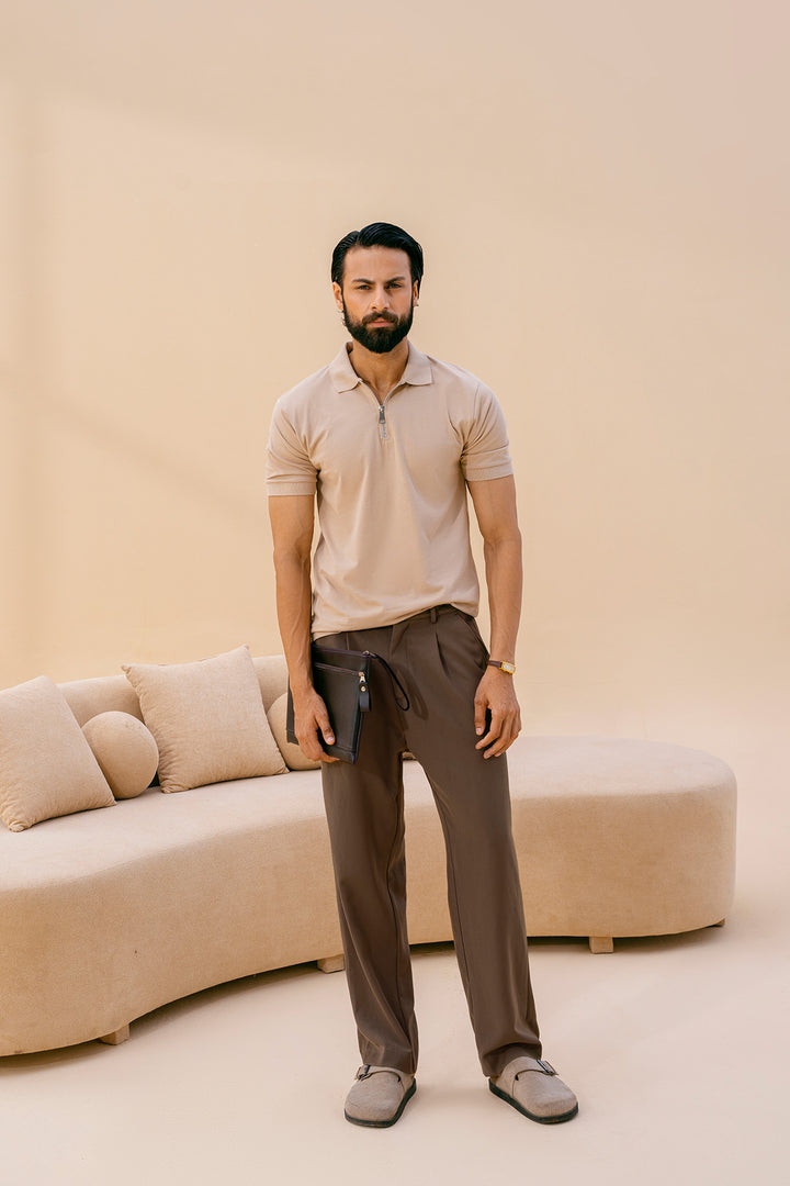Beige Zipper Polo Shirt