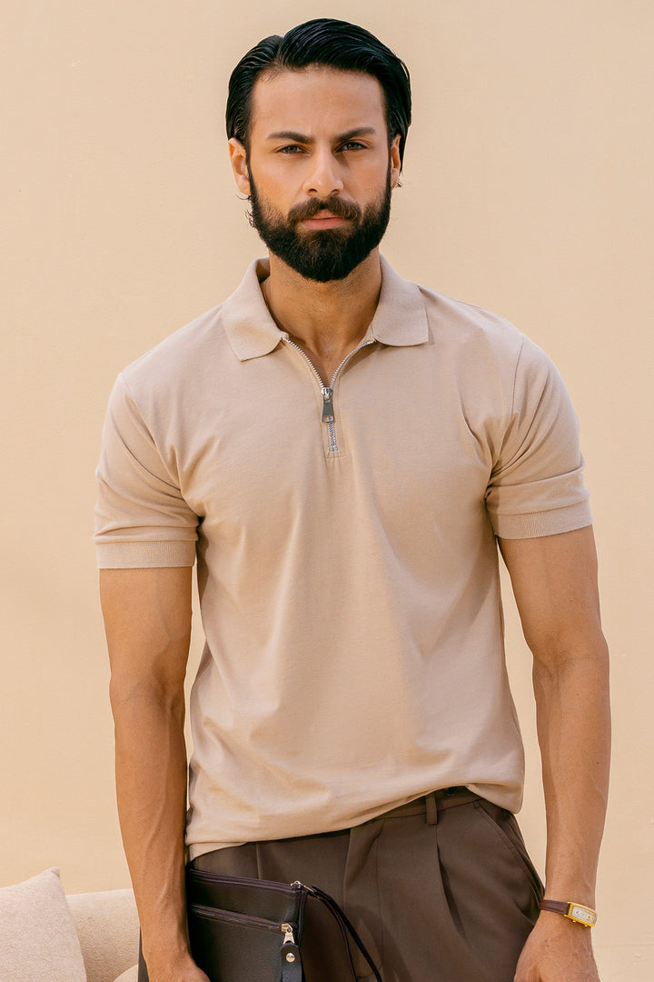 Beige Zipper Polo Shirt