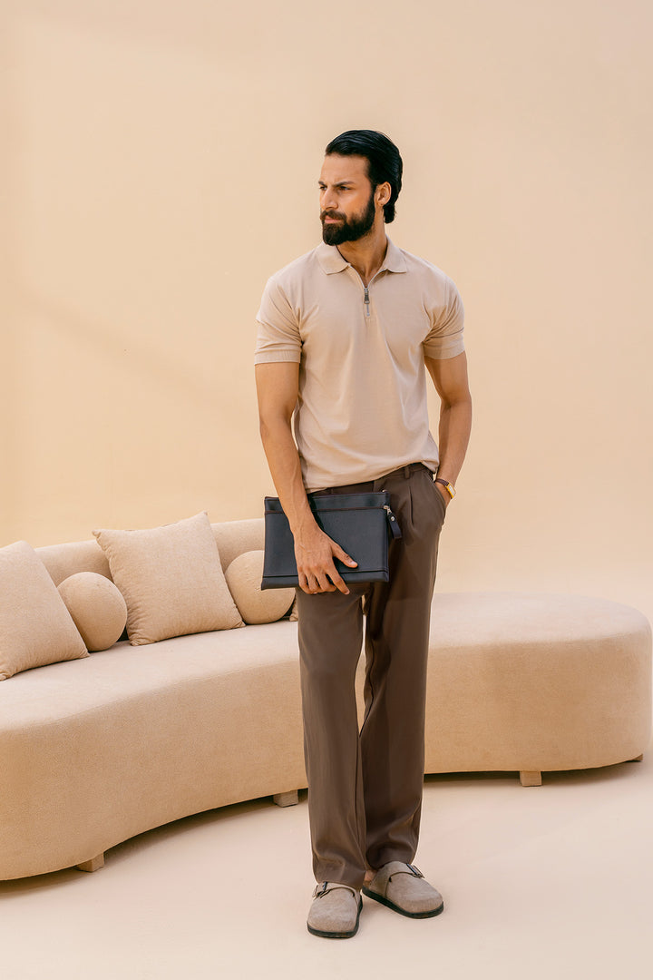 Beige Zipper Polo Shirt