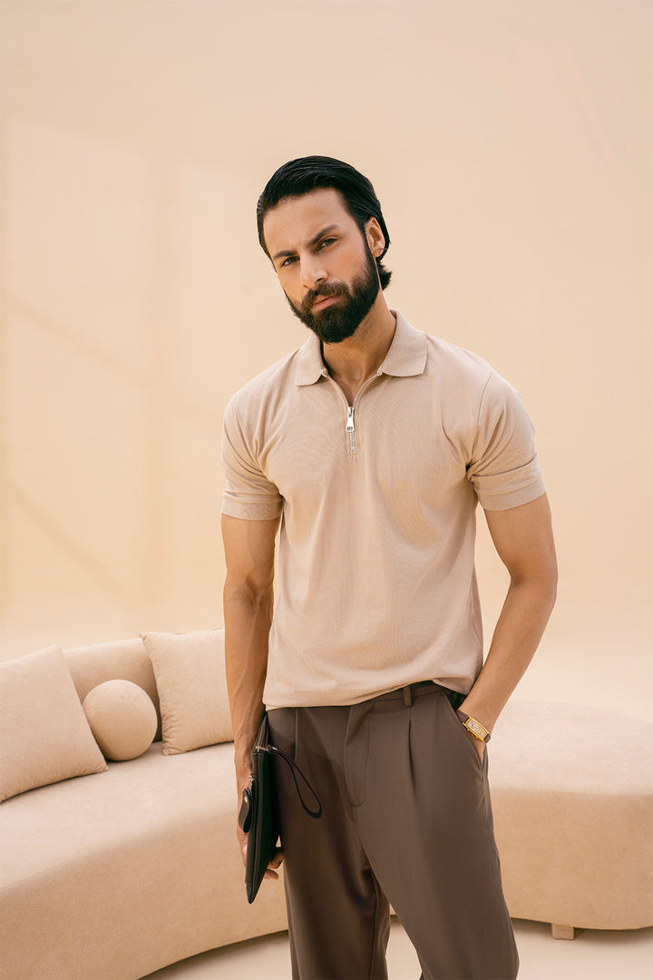 Beige Zipper Polo Shirt