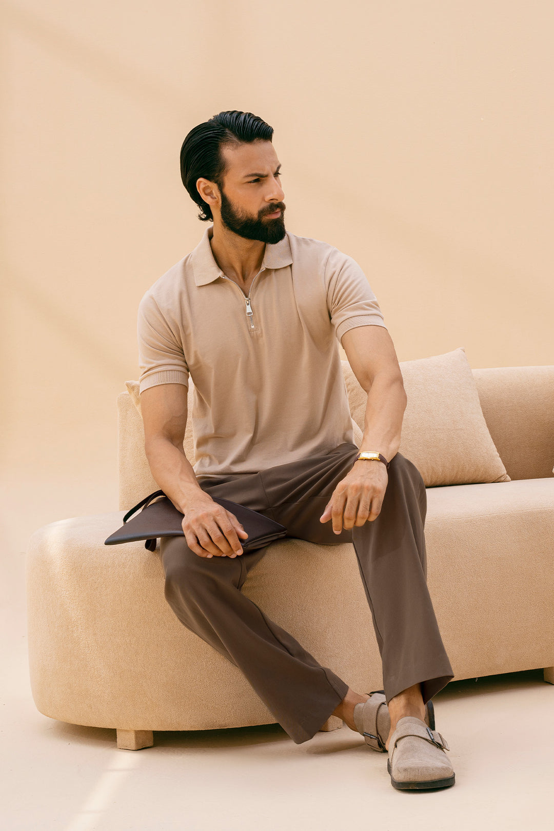 Beige Zipper Polo Shirt