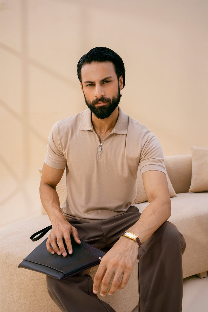 Beige Zipper Polo Shirt