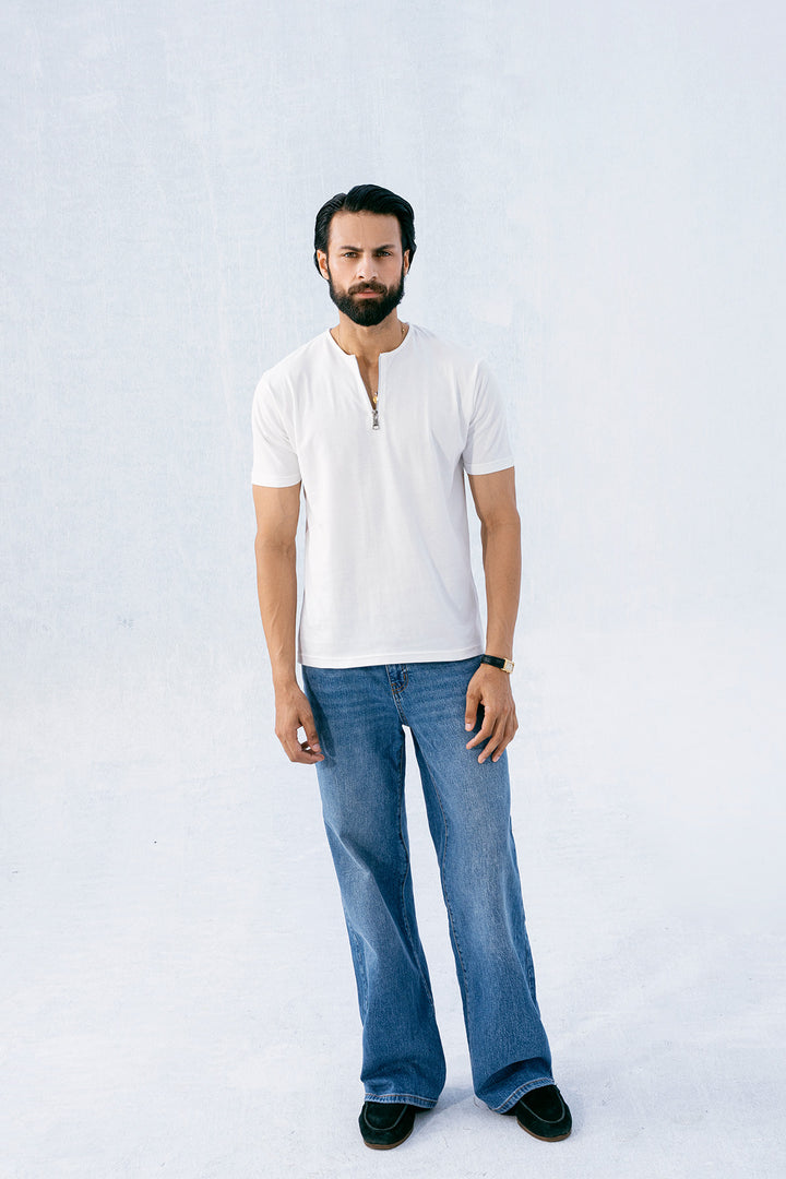 White Round Zipper Shirt