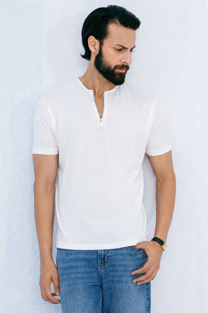 White Round Zipper Shirt