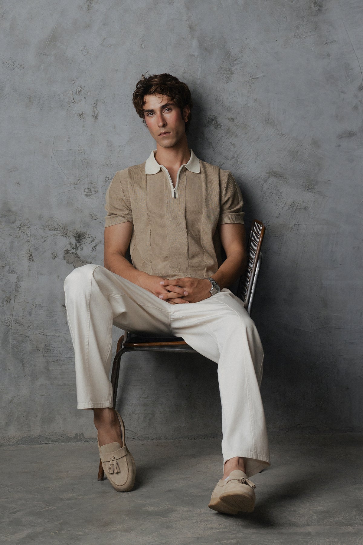 Contrast Zipper Knitted Men Polo Shirt