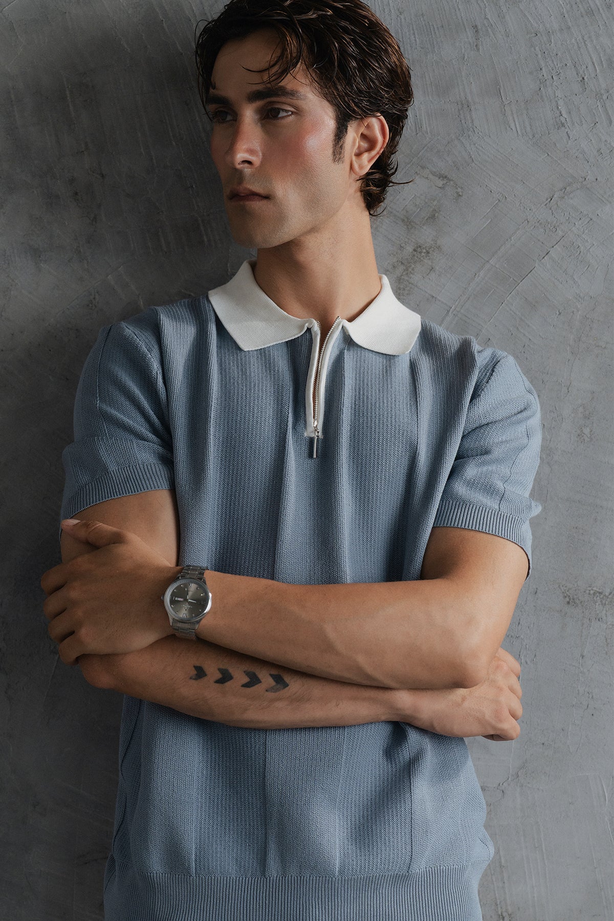 Contrast Zipper Knitted Men Polo Shirt