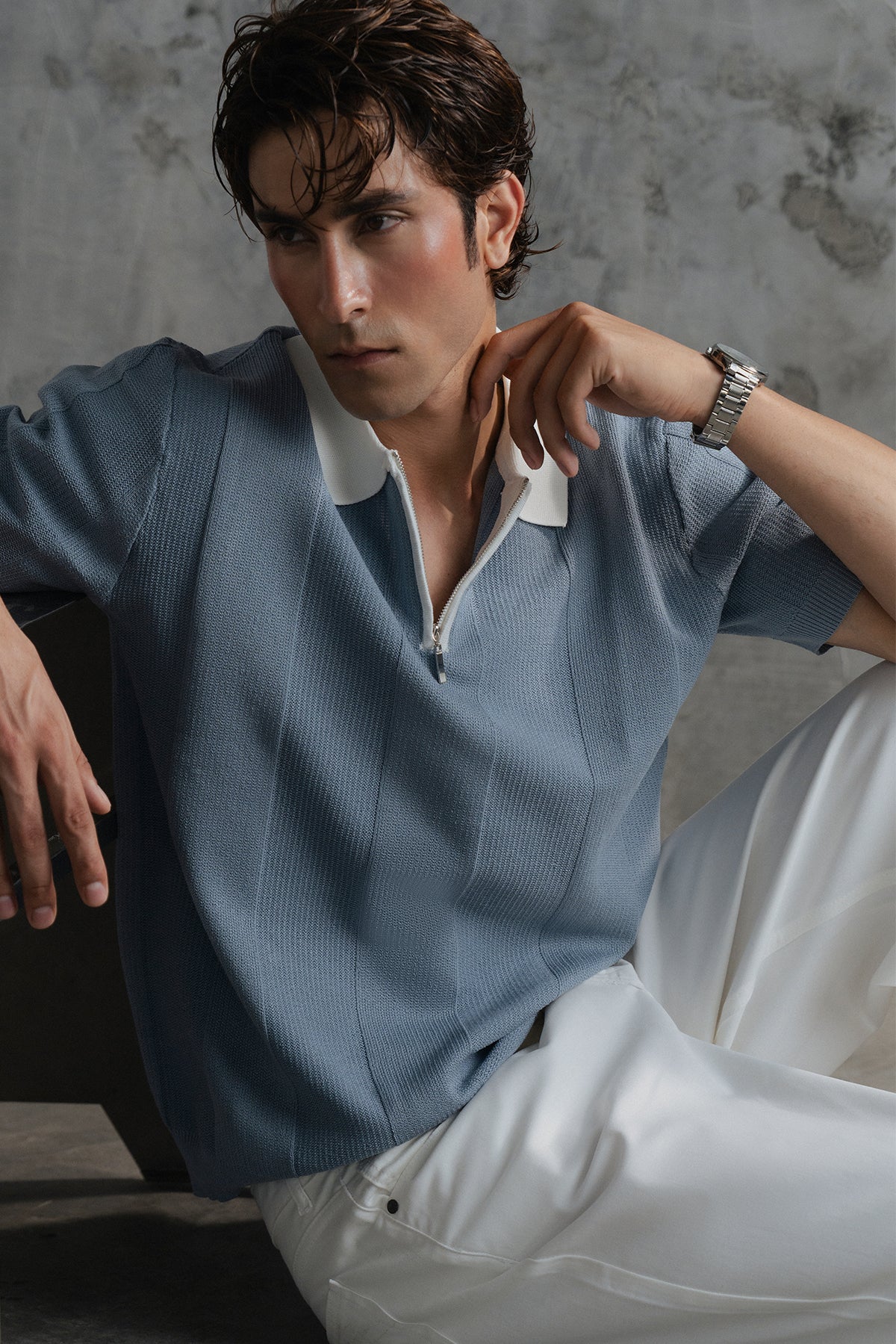 Contrast Zipper Knitted Men Polo Shirt