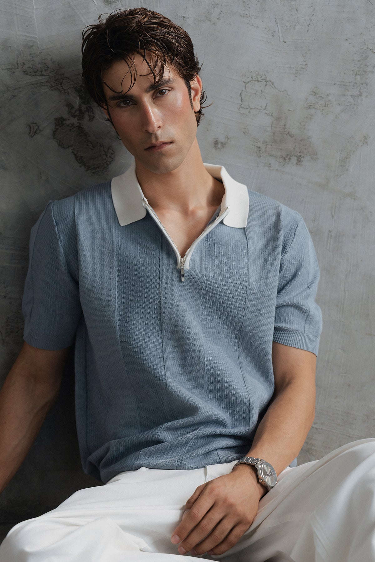 Contrast Zipper Knitted Men Polo Shirt