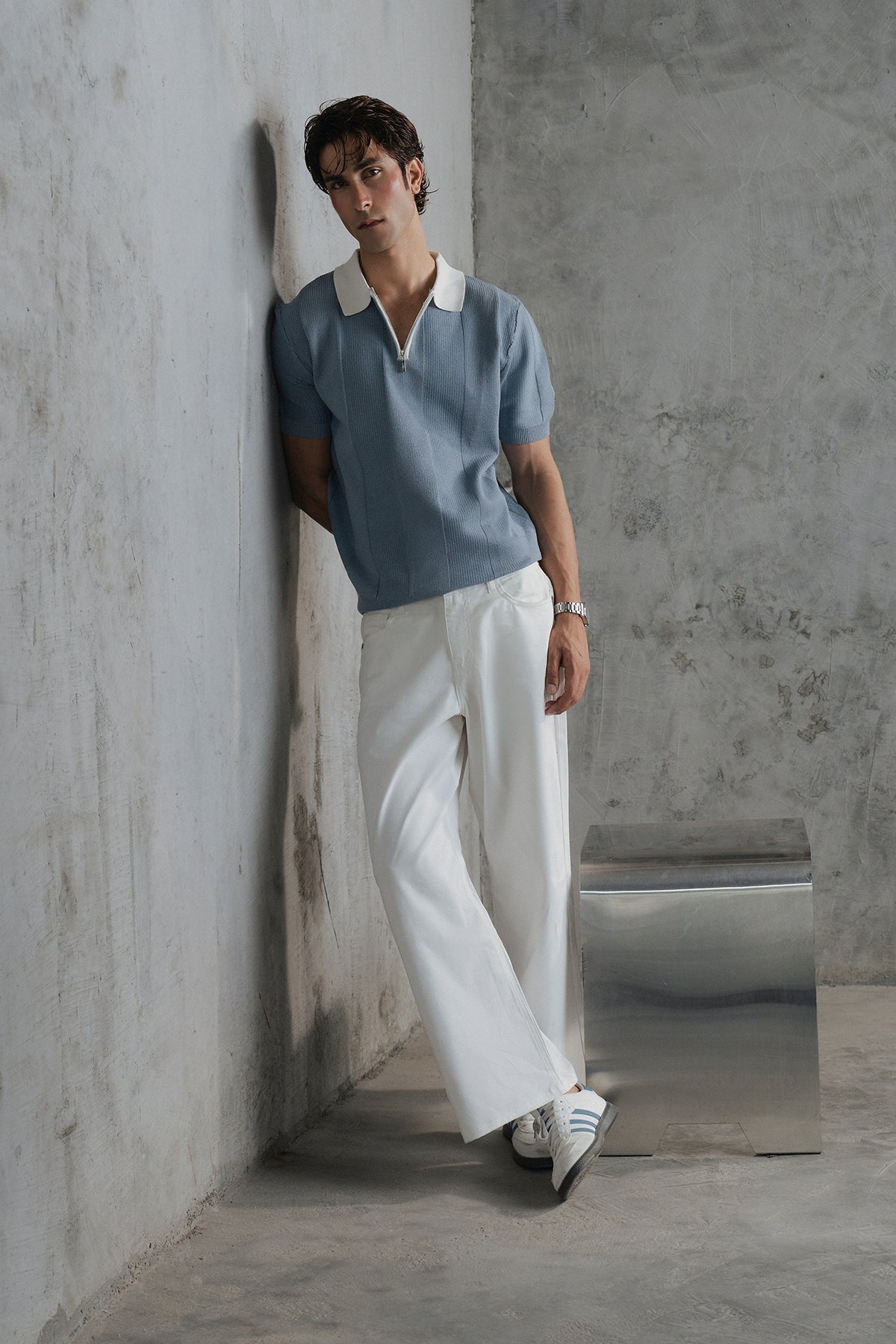 Contrast Zipper Knitted Men Polo Shirt