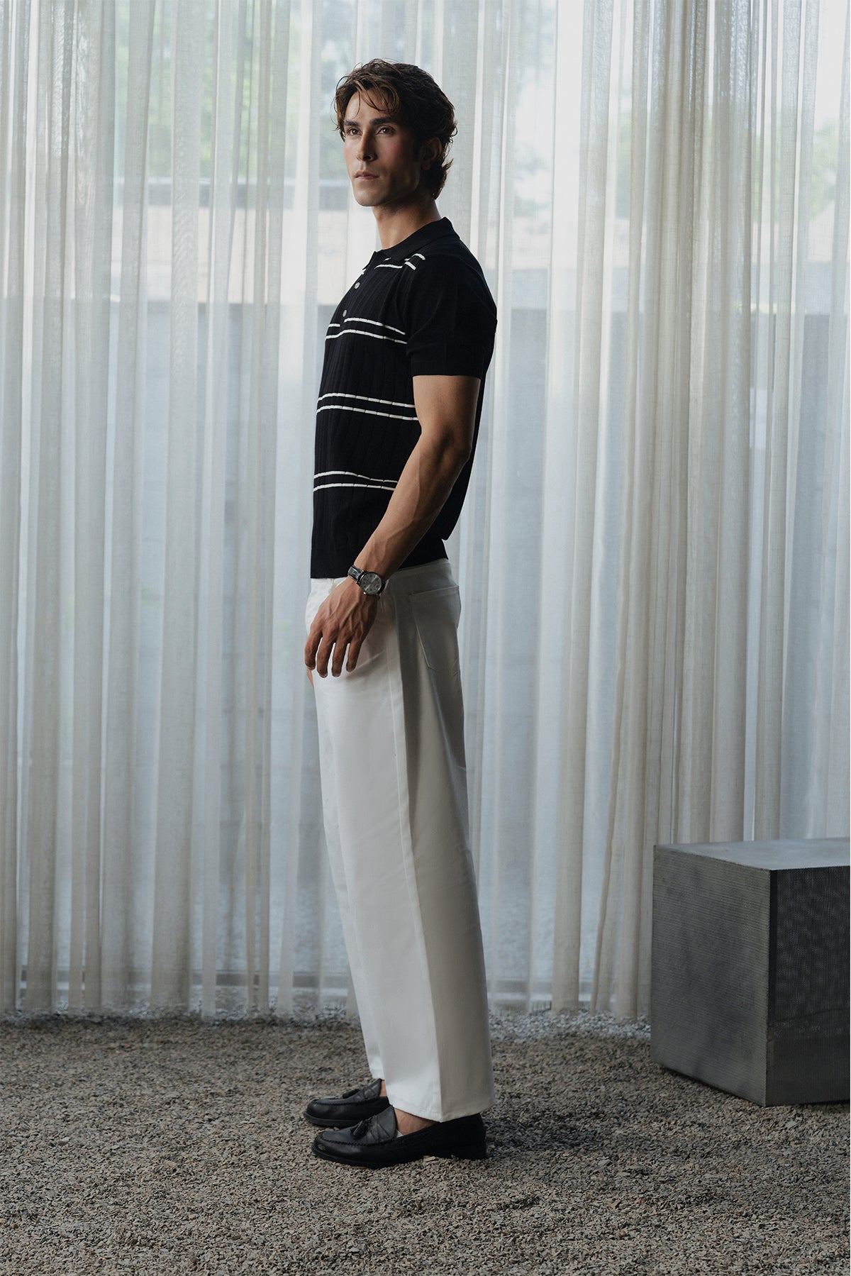 Striped Button Down Men Polo Shirt