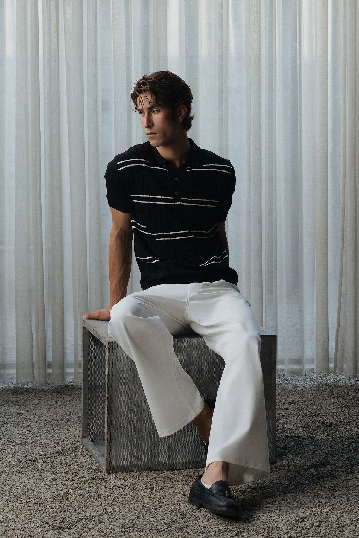 Striped Button Down Men Polo Shirt