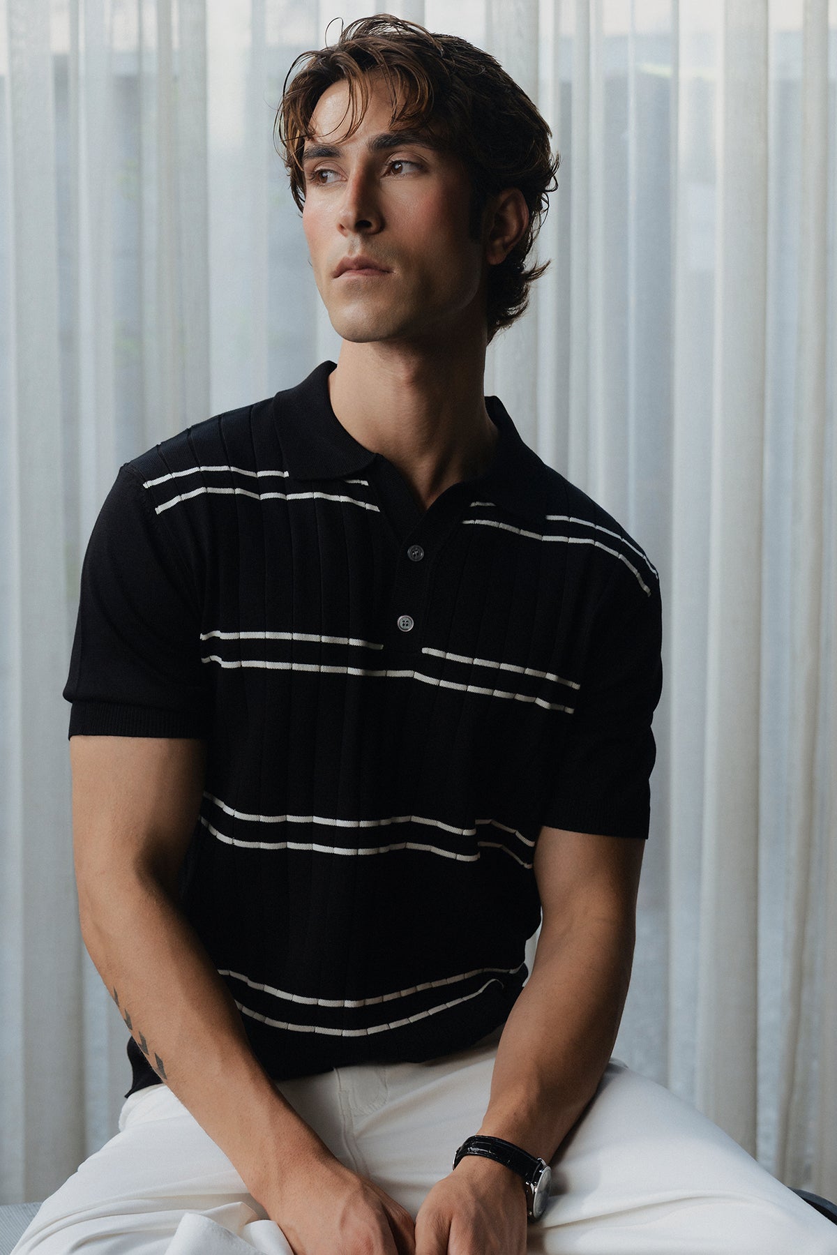 Striped Button Down Men Polo Shirt