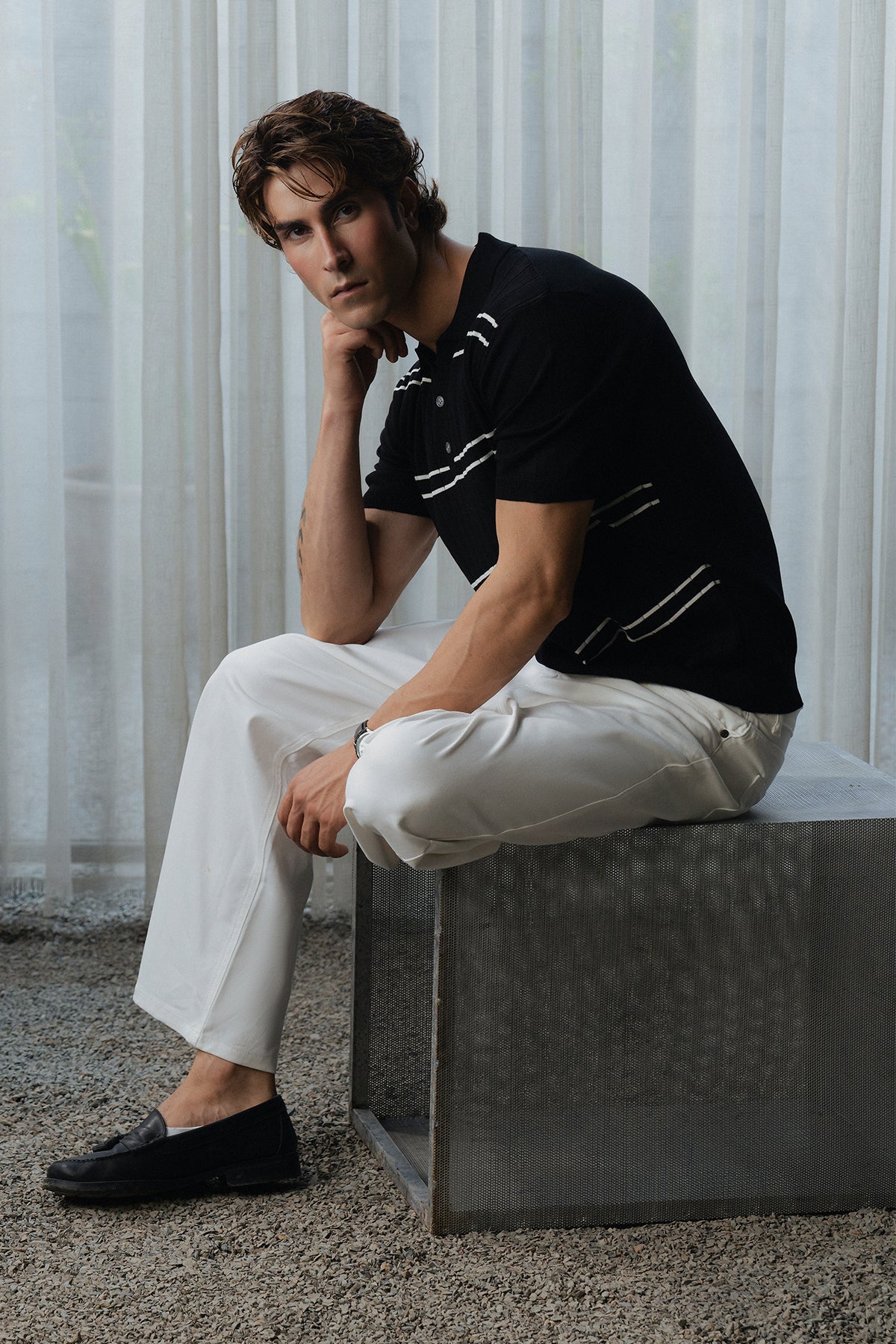 Striped Button Down Men Polo Shirt
