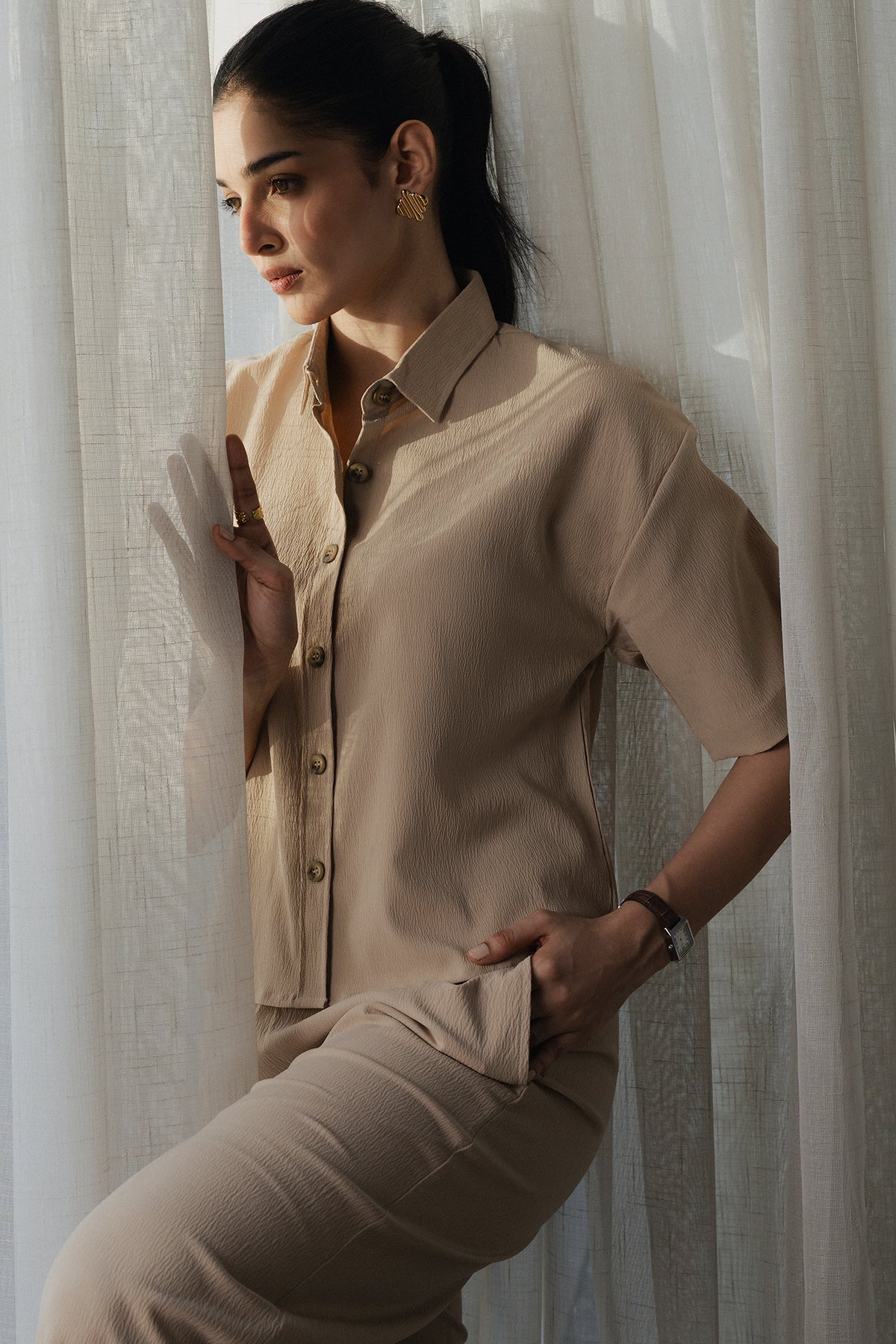 Women Wrinkle Cropped Button Down Shirt