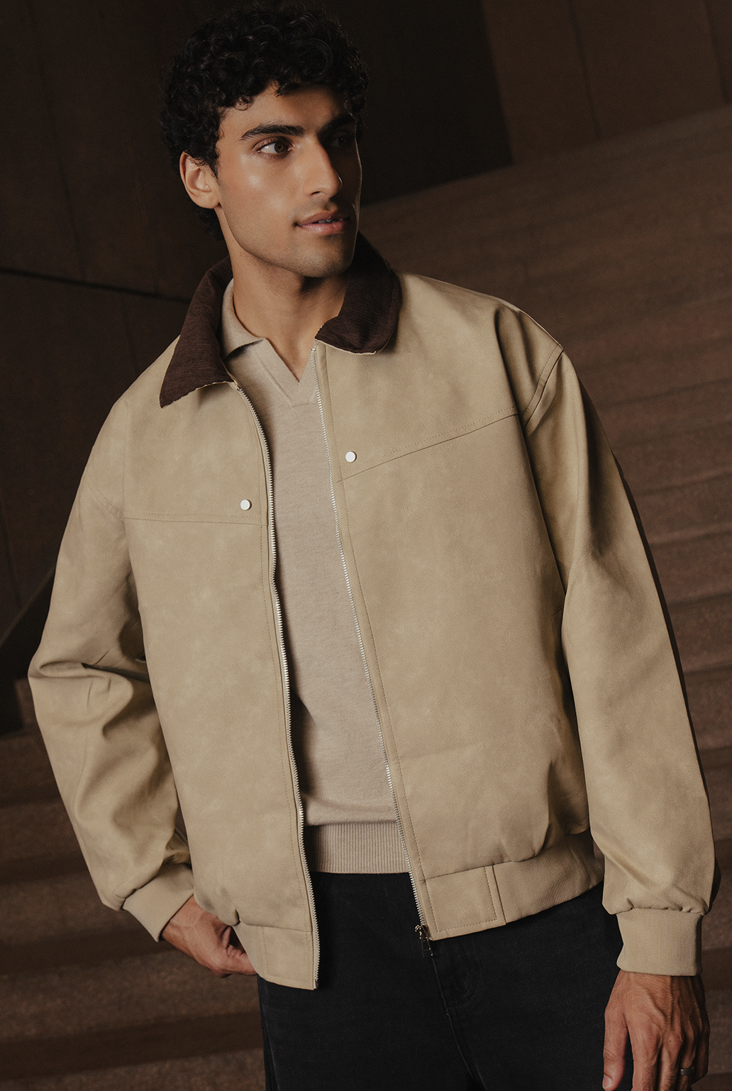 Zipper Jacket with Contrast Collar