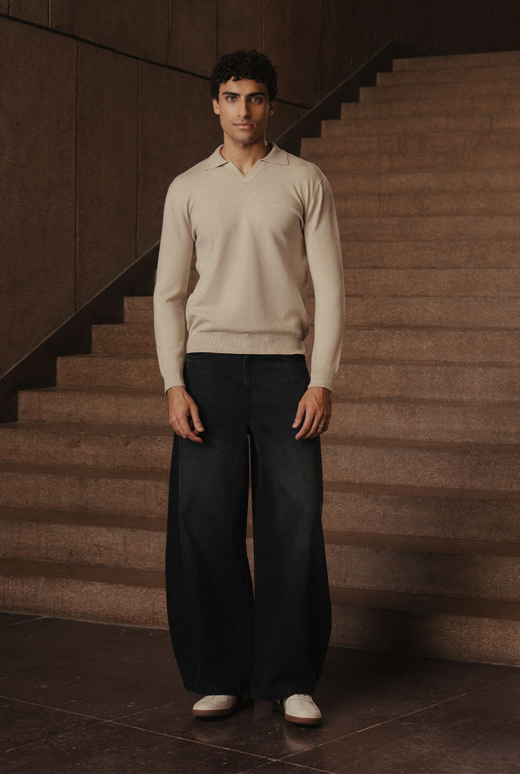 Mens V Neck Knitted LS Shirt