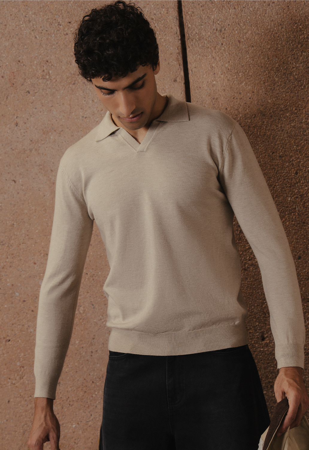 Mens V Neck Knitted LS Shirt