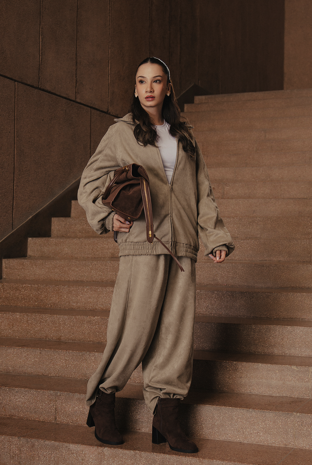 Women Suede Panelled Wide leg Trouser