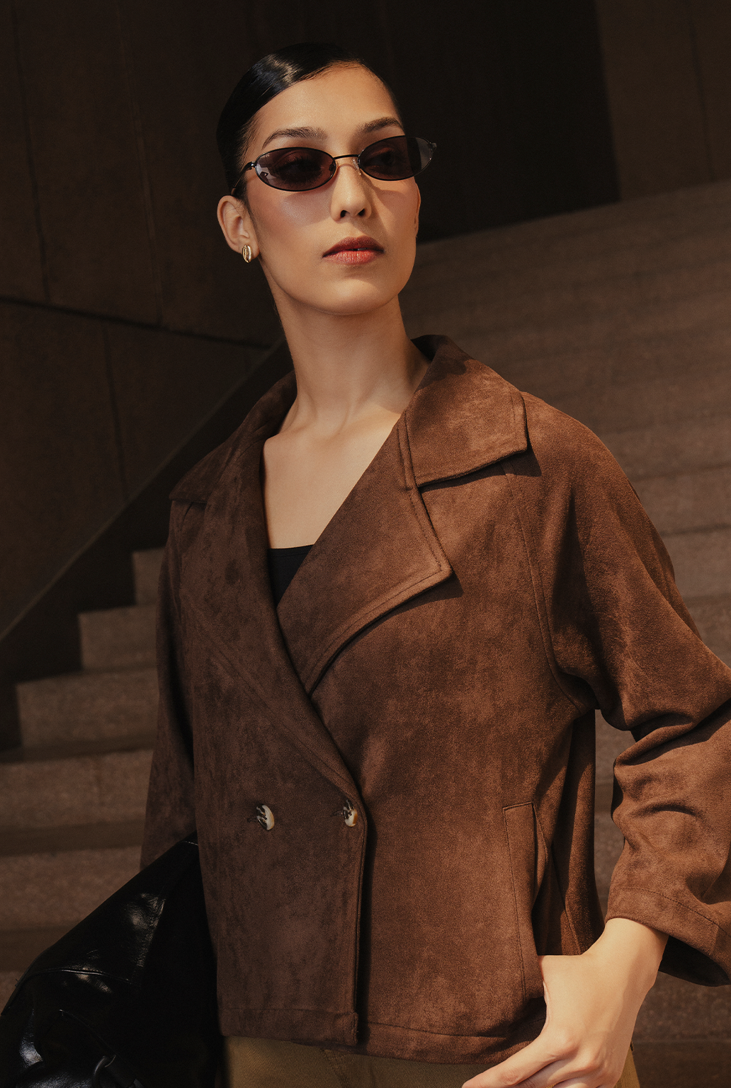Suede Coat Collar Raglan Sleeve Jacket