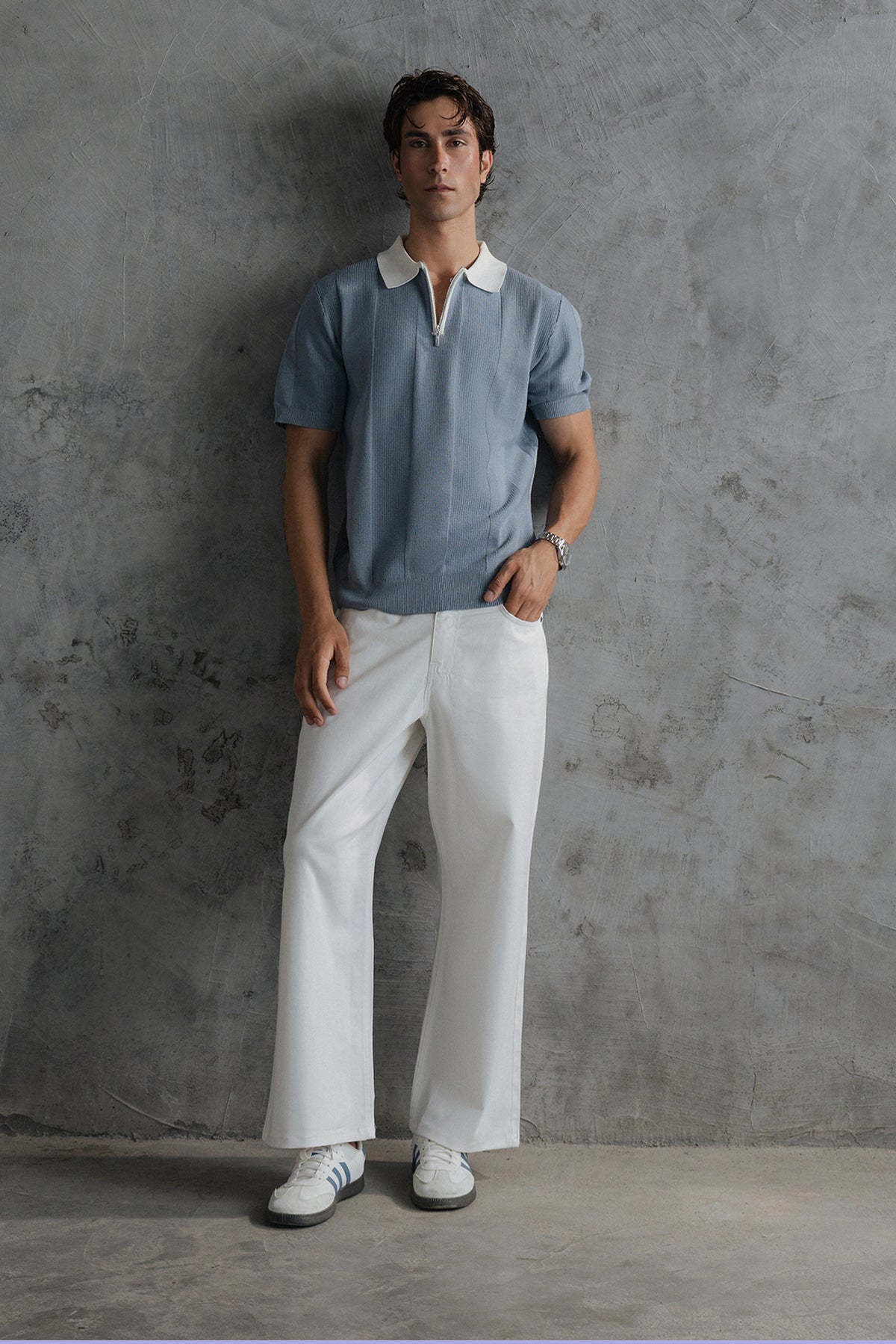 Contrast Zipper Knitted Men Polo Shirt